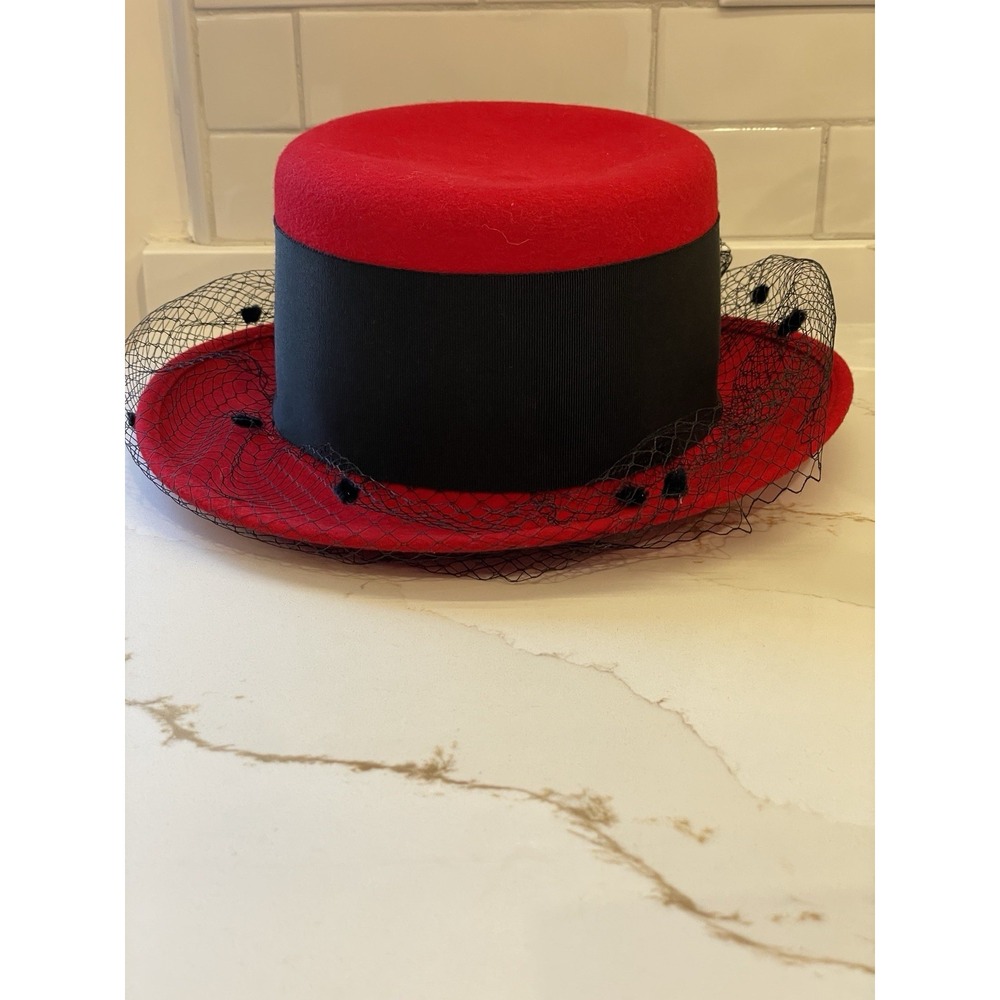 Vintage Viyella Wool‎ Felt Hat Women Red Black Mesh Net Cover Church UK Guild